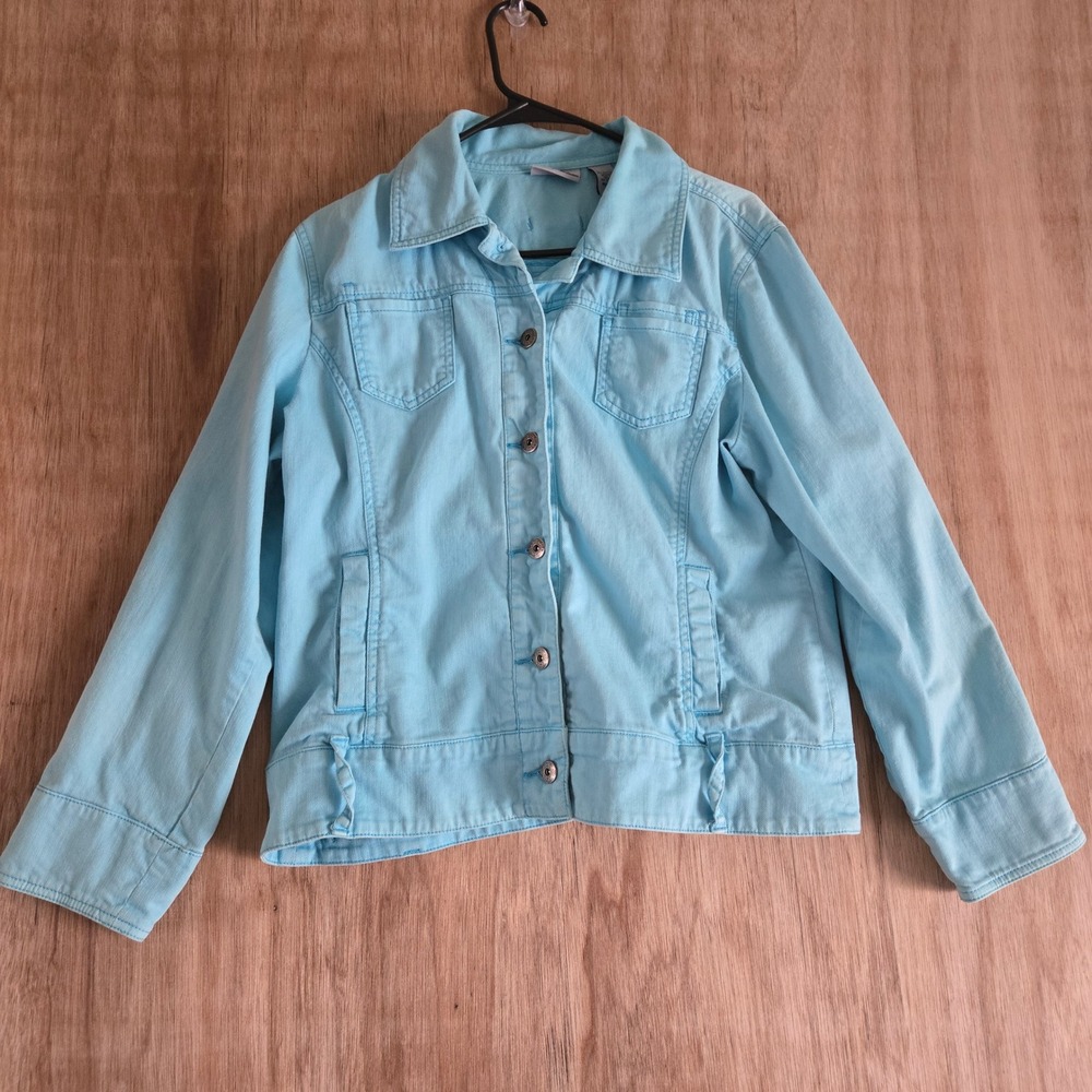 Chicos Platinum Light Blue Denim Jacket Size 2 Stretch Cotton Button Up
